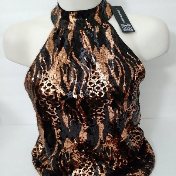 Cable & Gauge Black Gold Sequin Halter Top XS - Picture 1 of 13